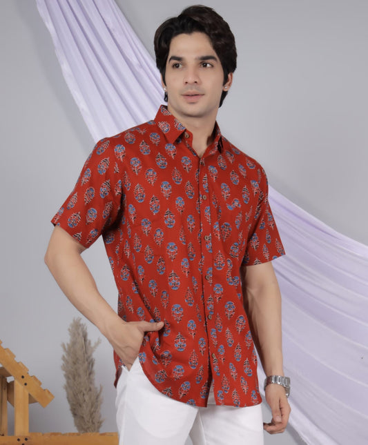 Rust Red Buti Cotton Printed Half Sleeve Shirt – Radhya