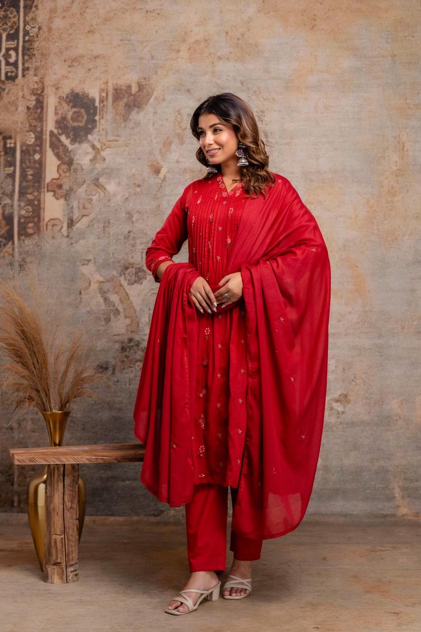 Red Embroidered Mul Cotton Kurta Set with Dupatta