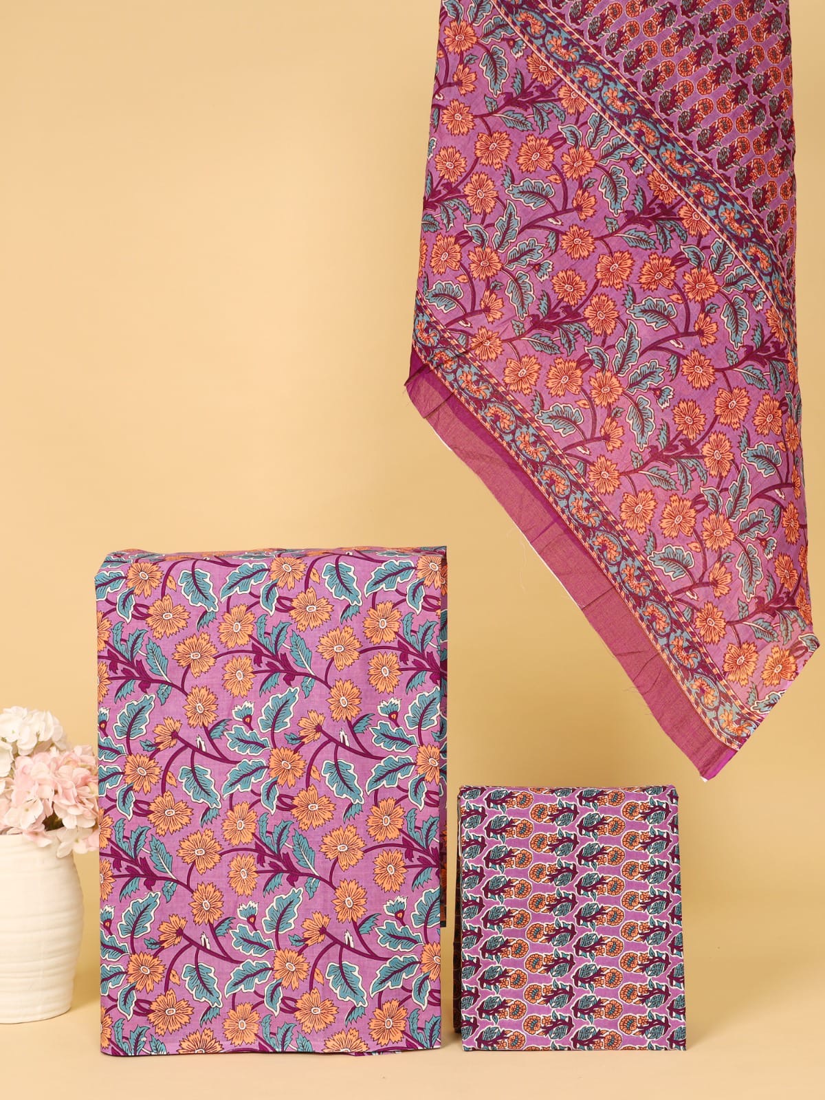 Lilac & Pink Paisley Floral Print Unstitched Cotton Suit with Mulmul Dupatta – Radhya
