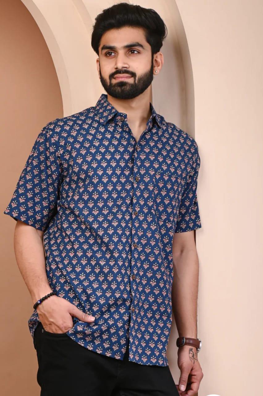 Hand-Block Printed Cotton Shirt-Indigo Blue