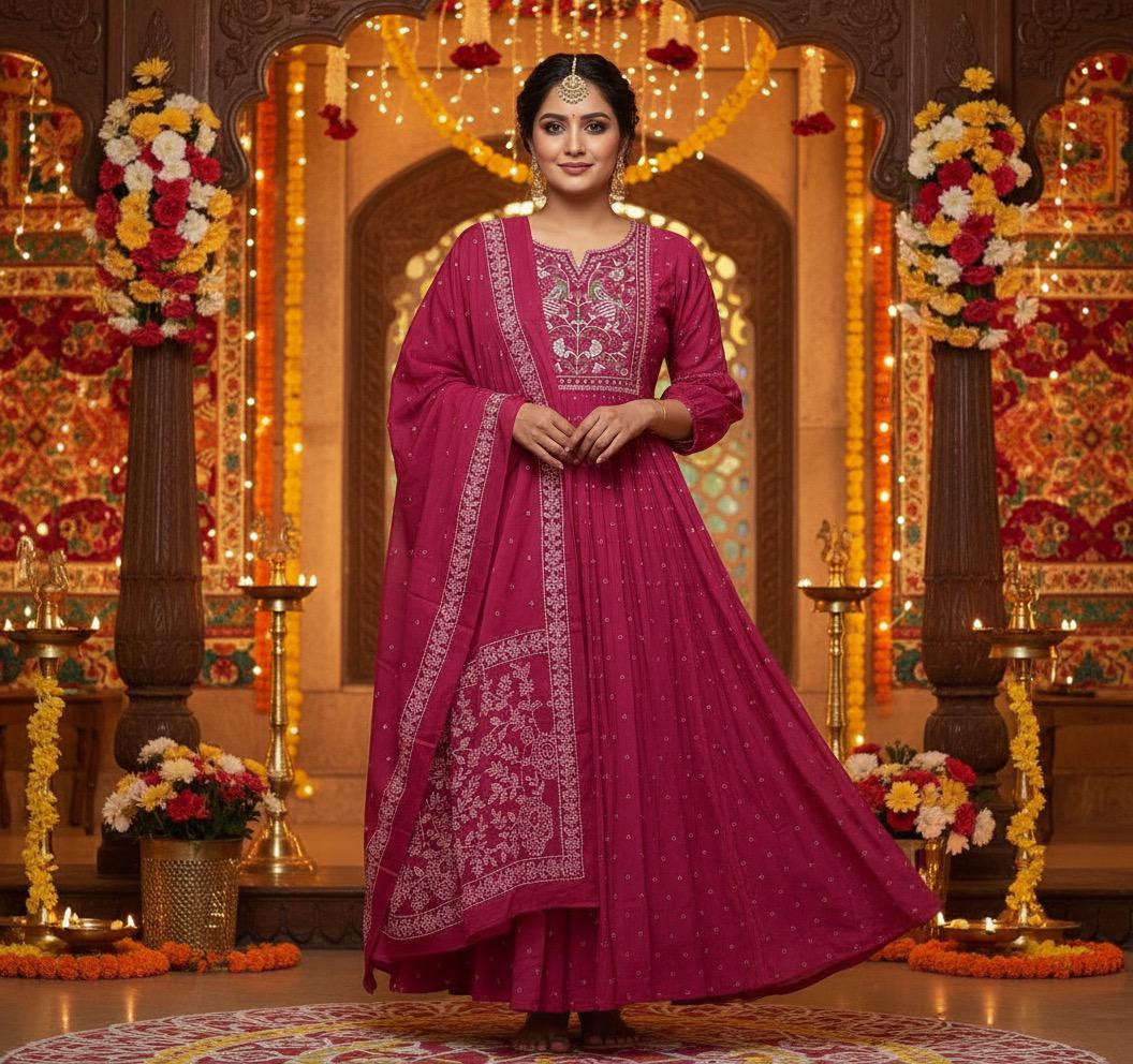 Magenta Pink Handblock Print Anarkali Suit Set with Embroidered Yoke