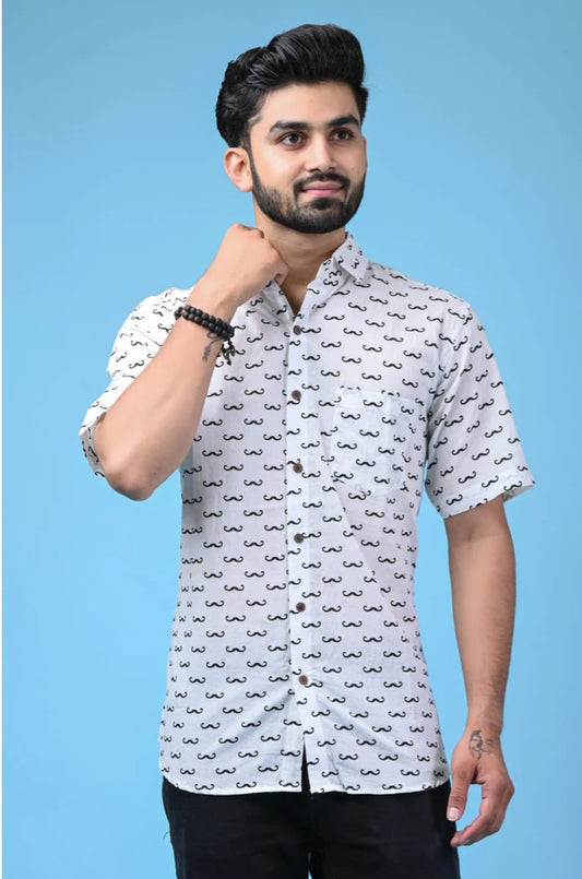 White Moustache Print Cotton Shirt