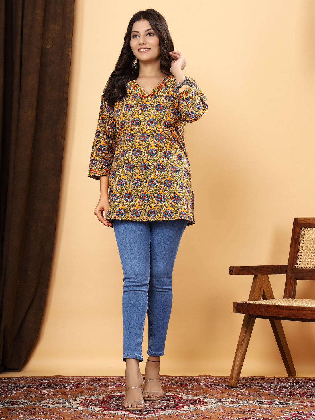 Saffron Kalamkari Fusion Short Kurti