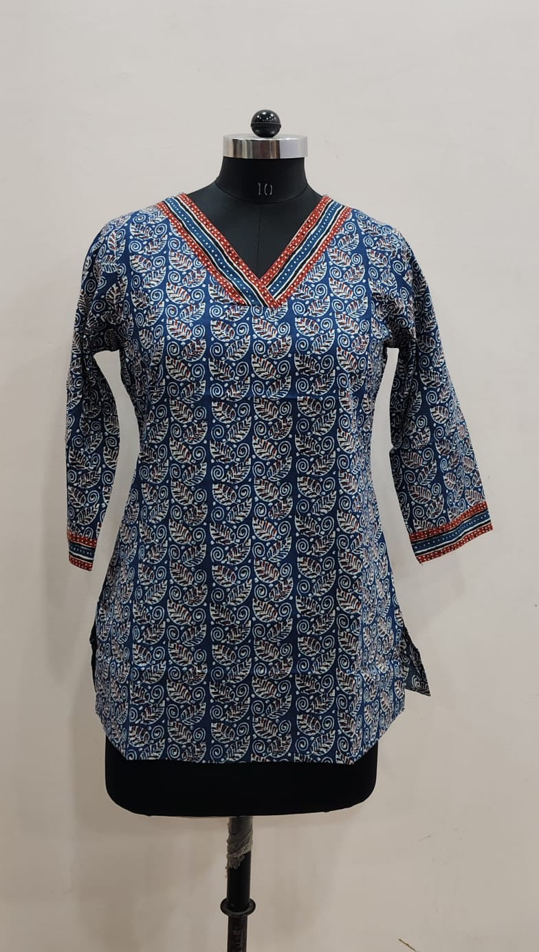 Indigo Floral Stripe Cotton Short Top – Radhya