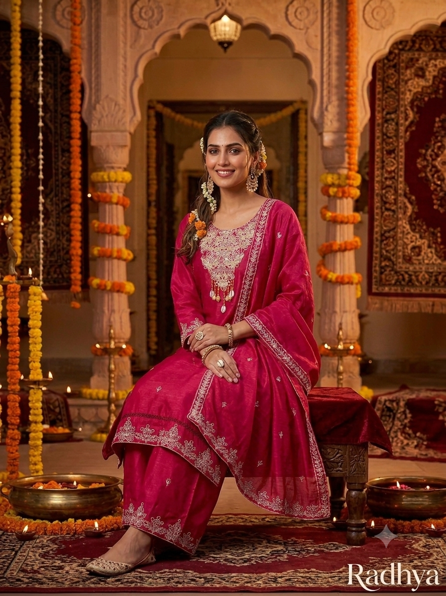 Radhya Festive Rani Pink Silk 3-Piece Kurta Palazzo Set with Embroidered Dupatta