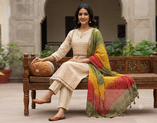 Radhya Collection Beige Bandhani Kurta Set with Printed Dupatta