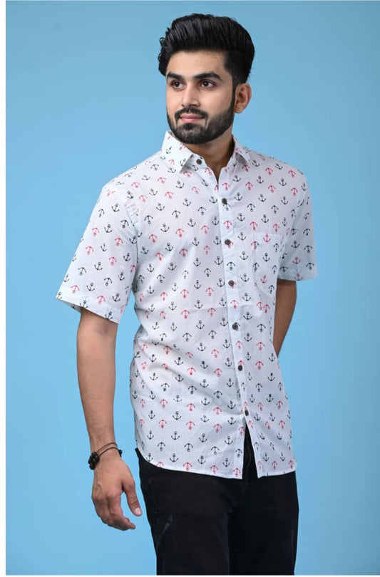 White Anchor Print Cotton Shirt