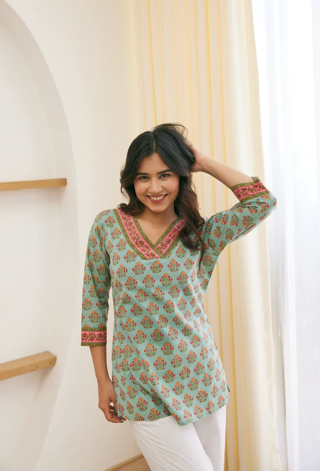 Mint Green Floral Cotton Short Top – Radhya