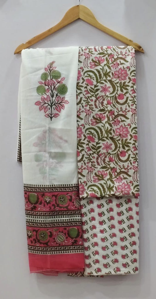 White & Pink Floral Print with Red Border Unstitched Cotton Suit with Mulmul Dupatta – Radhya