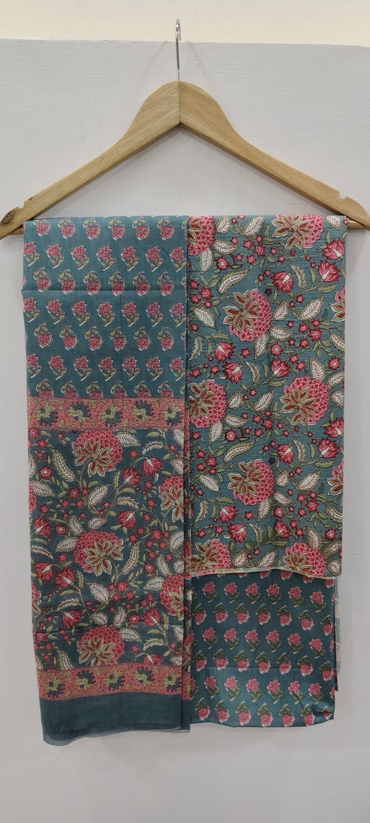 Teal Grey Floral Print Unstitched Cotton Suit with Mulmul Dupatta – Radhya