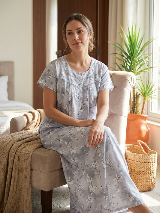Tranquil Grey Floral Cotton Lounge Maxi