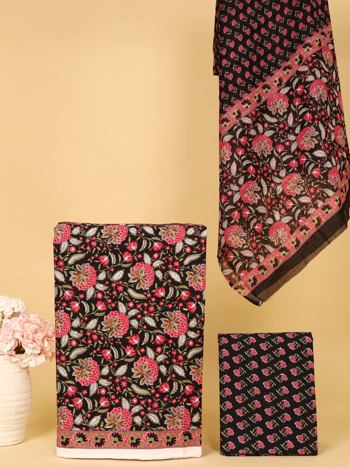 Black & Pink Floral Print Unstitched Cotton Suit with Mulmul Dupatta – Radhya