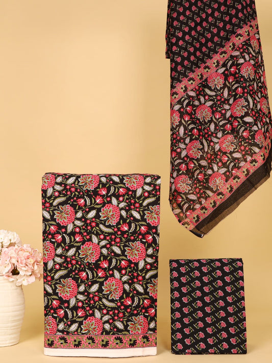 Black & Pink Floral Print Unstitched Cotton Suit with Mulmul Dupatta – Radhya