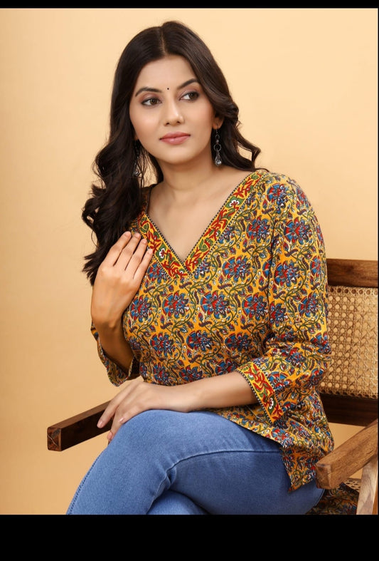 Mustard Kalamkari Floral Cotton Short Top – Radhya
