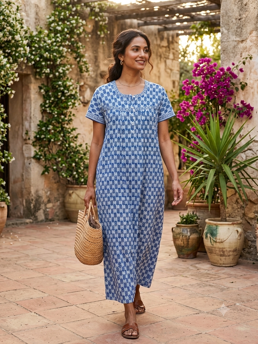 Indigo Blue Hand-Block Printed Lounge Maxi