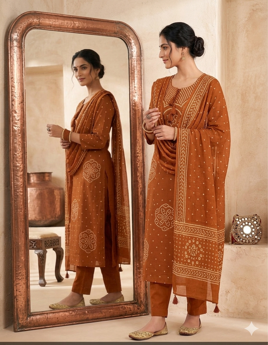 Radhya Elegant Rust Bandhani 3-Piece Kurta Set