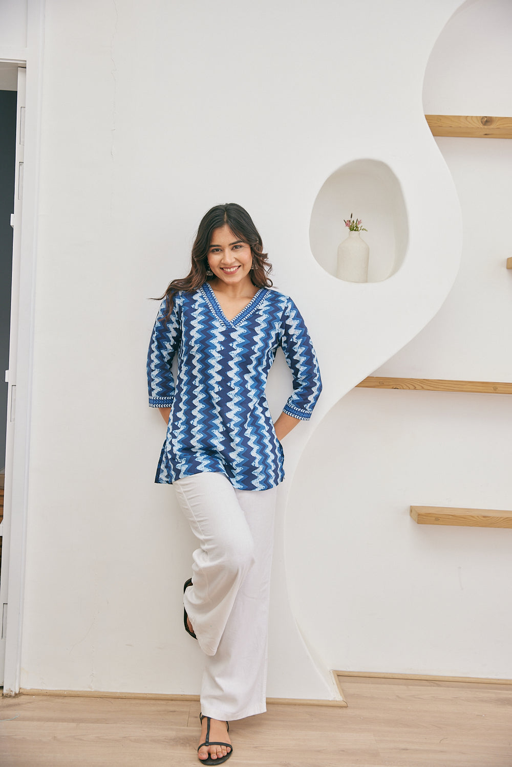 Indigo Zig-Zag Block Print Short Kurti