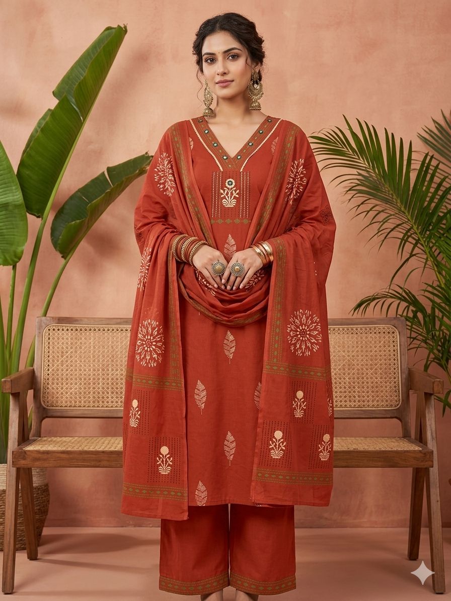 Elegant Terracotta Dabu Print Suit Set