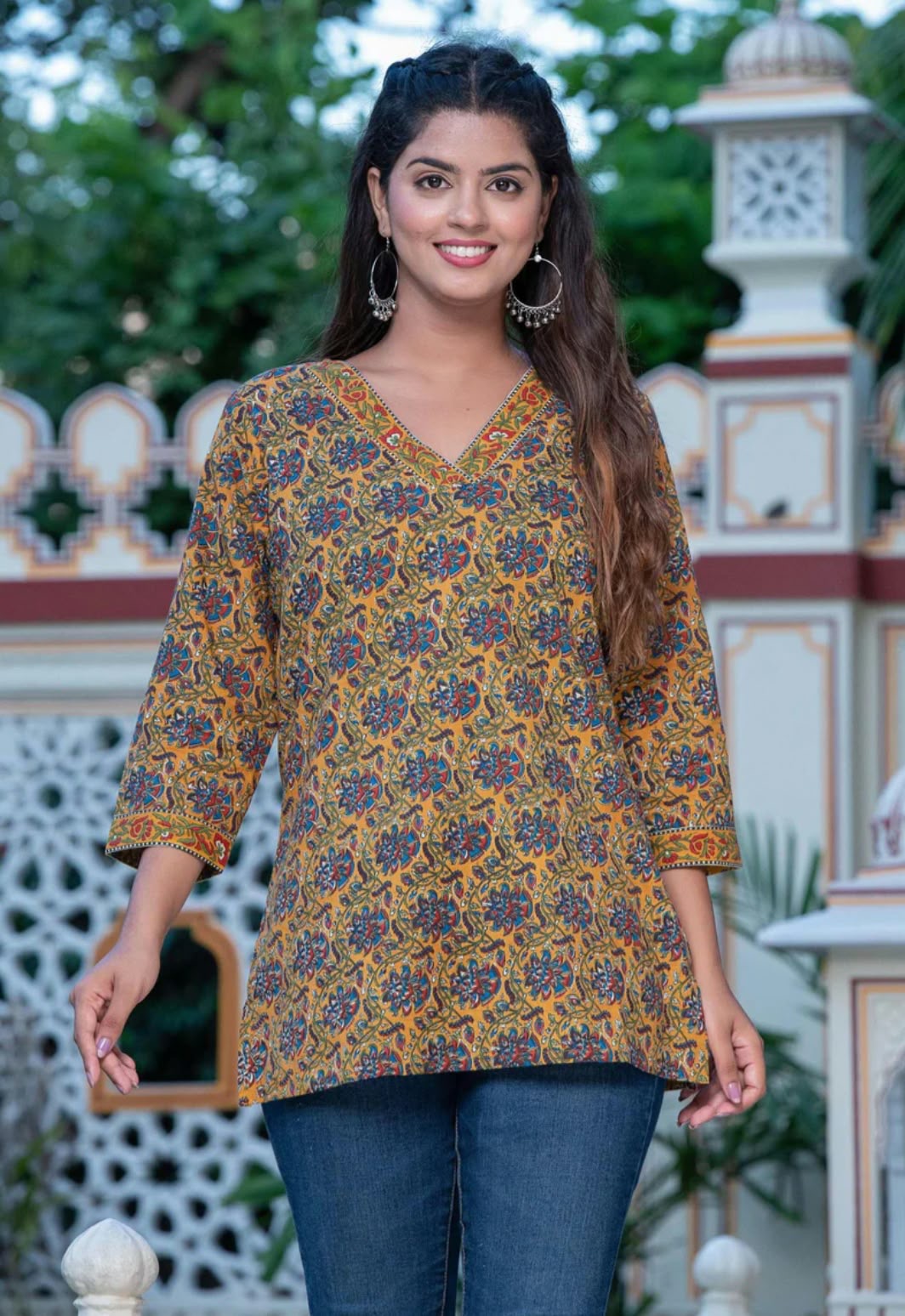 Mustard & Purple Floral Jaal Cotton Short Top – Radhya