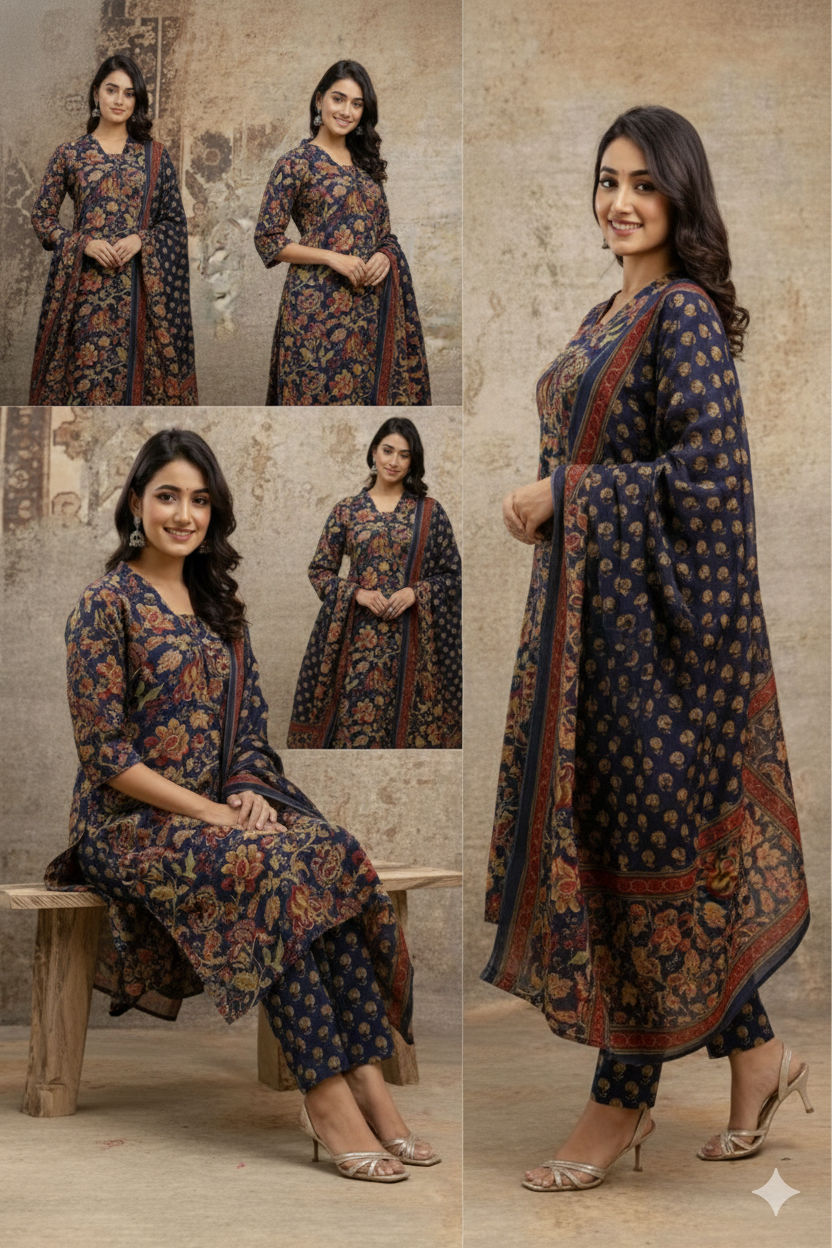 Indigo Floral Kalamkari Cotton 3-Piece Suit Set | Jaipuri Ethnic Wear for Women