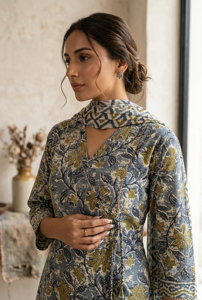 Vintage Floral Angrakha Cotton Suit Set