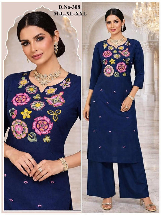 Navy Blue Embroidered Kurta & Palazzo Set (S-XXL) | Women's Ethnic We