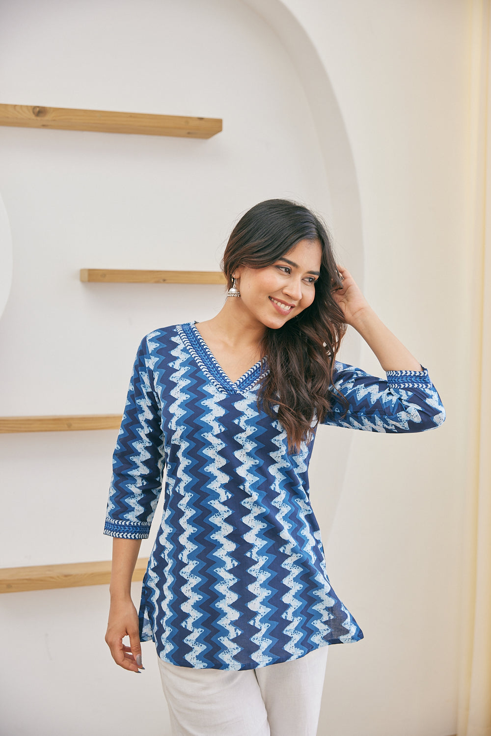 Indigo Zig-Zag Block Print Short Kurti