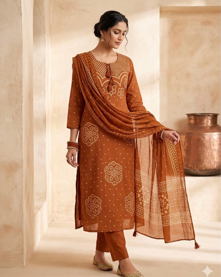 Radhya Elegant Rust Bandhani 3-Piece Kurta Set