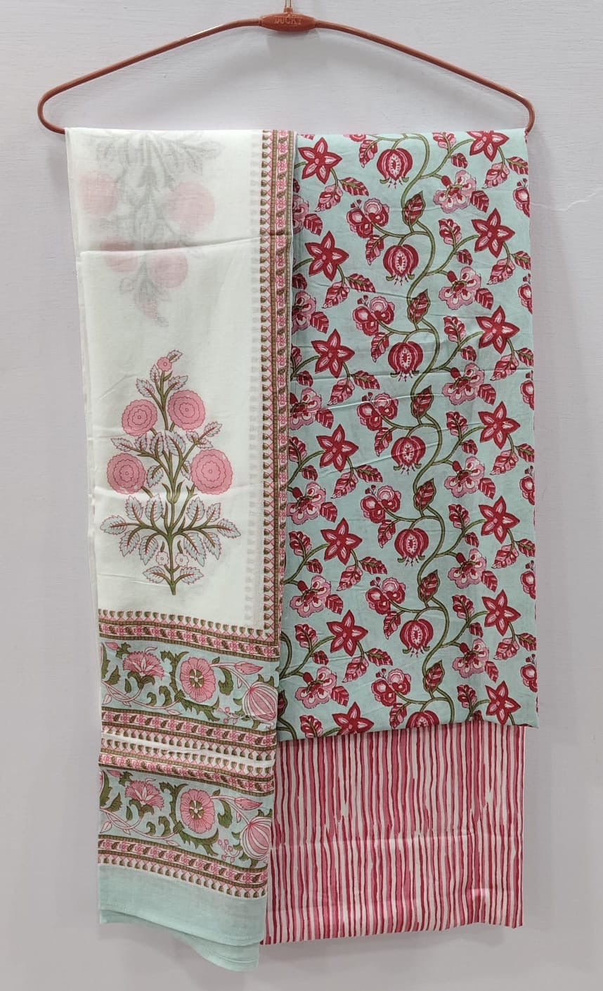 Aqua & Pink Floral Print with Striped Bottom Unstitched Cotton Suit with Mulmul Dupatta – Radhya