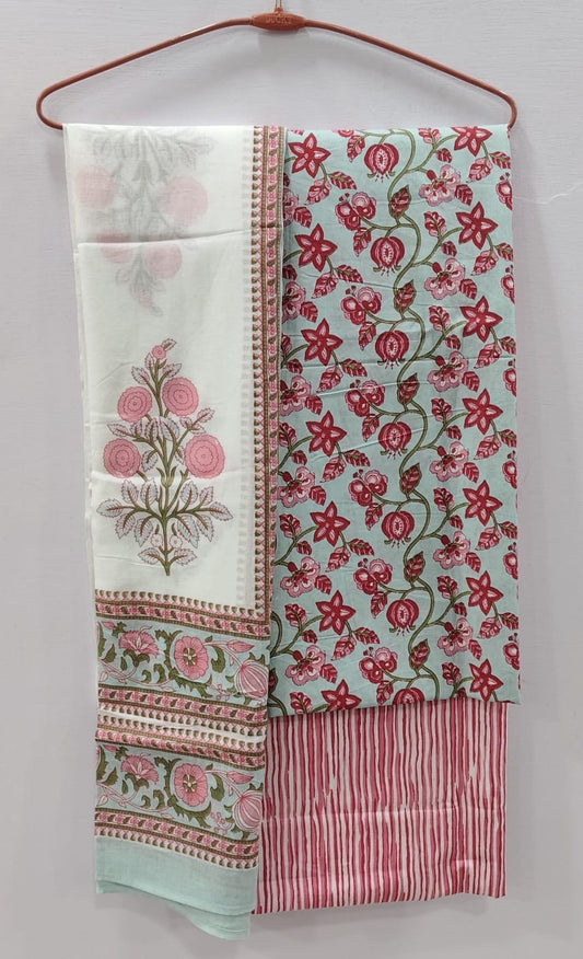 Aqua & Pink Floral Print with Striped Bottom Unstitched Cotton Suit with Mulmul Dupatta – Radhya