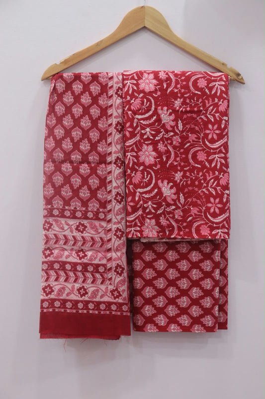 Magenta Floral & Buti Print Unstitched Cotton Suit with Mulmul Dupatta – Radhya