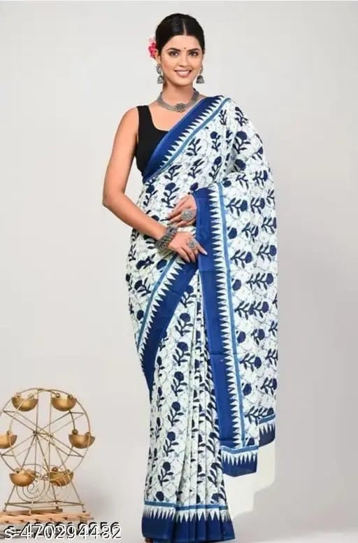 Ivory Azure Bloom Cotton Saree – RadhyaCollection