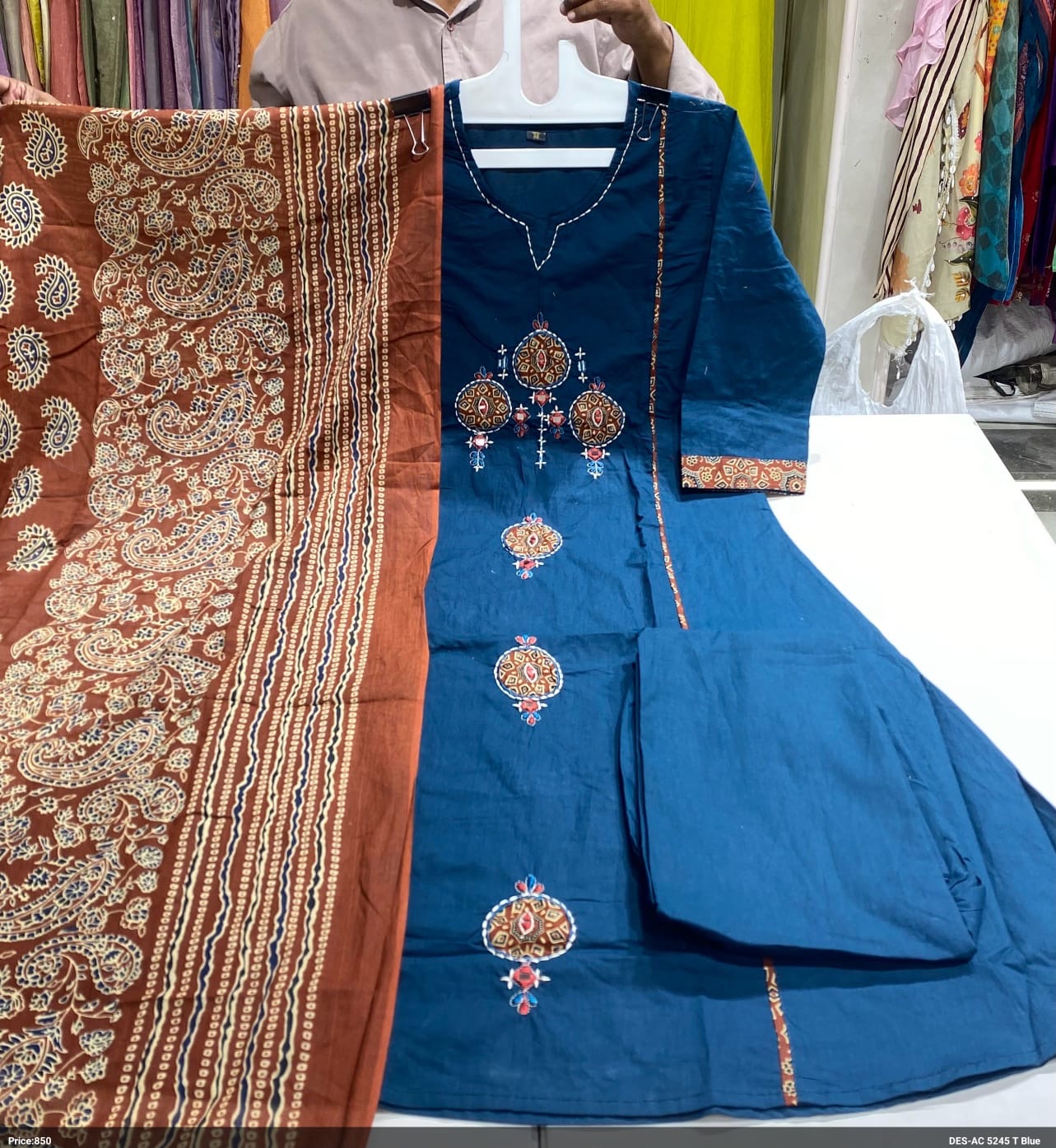 The Safiya Teal Blue & Rust Embroidered 3-Piece Cotton Suit Set