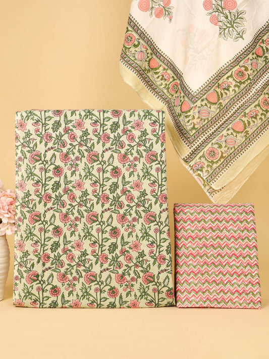 Cream & Green-Pink Floral Print Unstitched Cotton Suit with Mulmul Dupatta – Radhya