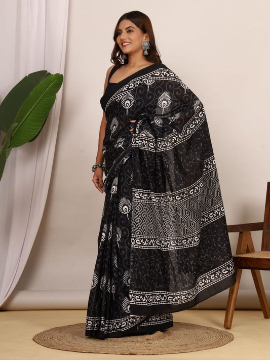 Radhya Collection Black Peacock Jaipuri Print Cotton Saree