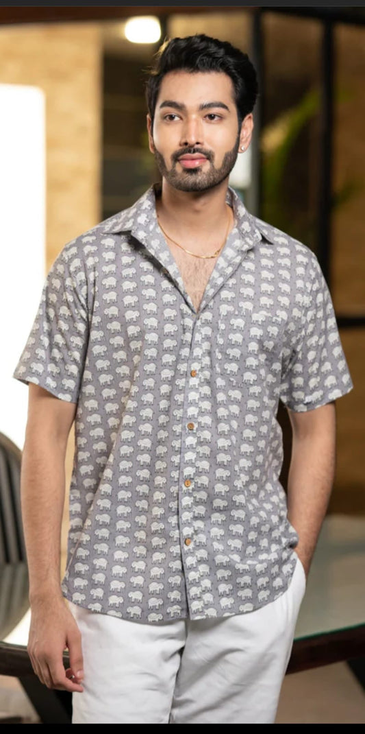 Grey Elephant Print Hand Block Cotton Shirt