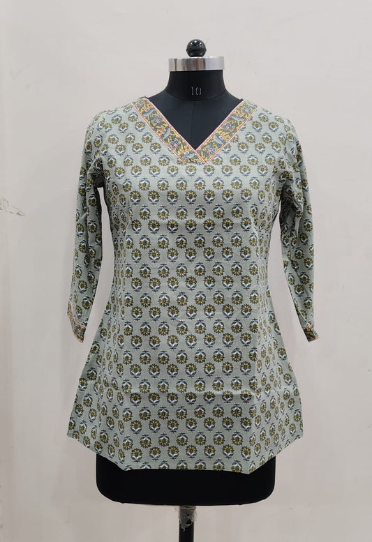 Sage Grey Buti Cotton Short Top – Radhya