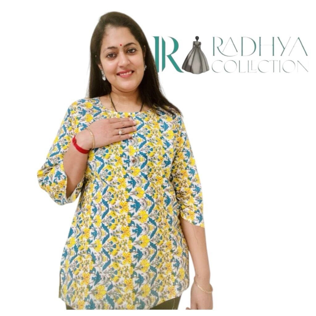 Sun-Kissed Floral Jaipuri Handblock Cotton Short Kurti