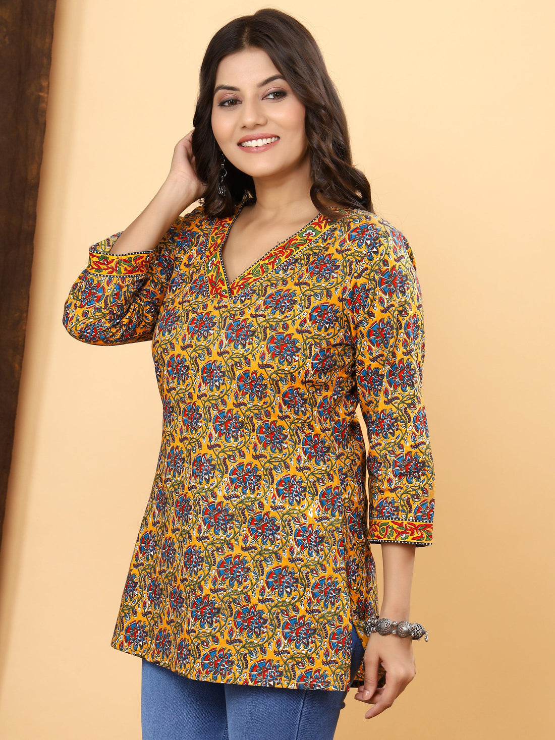 Saffron Kalamkari Fusion Short Kurti