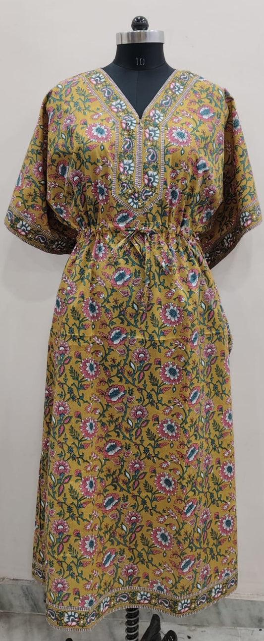 Mustard Floral Jaipuri Print Kaftan Dress