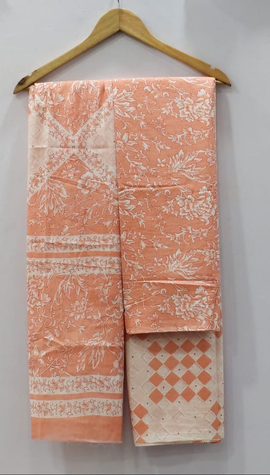 Peach Jaal Print Unstitched Cotton Suit with Mulmul Dupatta – Radhya