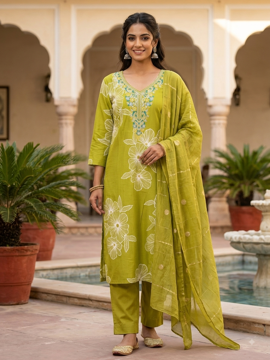 Elegant Lime Green Floral Vatican Berlin 3-Piece Suit Set with Discharge Print