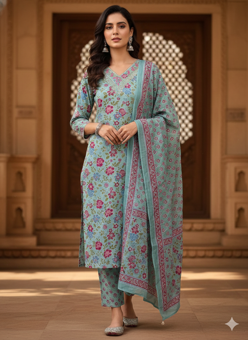 Floral Serenity Cotton Salwar Suit Set