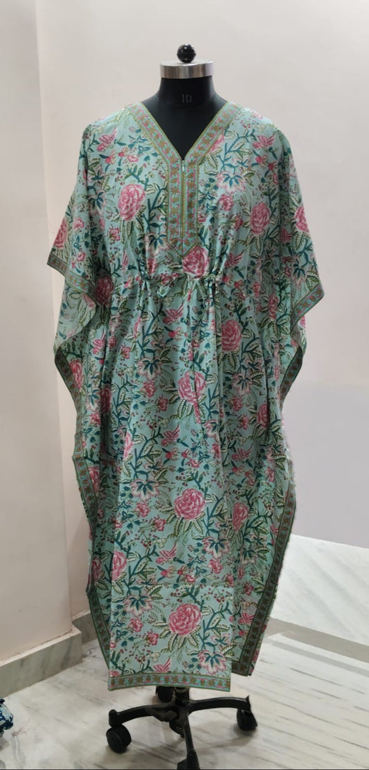 Aqua Breeze Floral Print Kaftan with Adjustable Waist tie