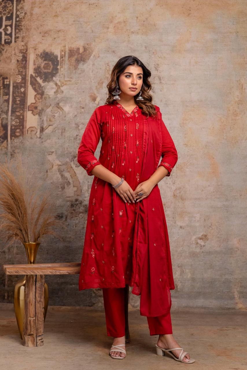 Red Embroidered Mul Cotton Kurta Set with Dupatta