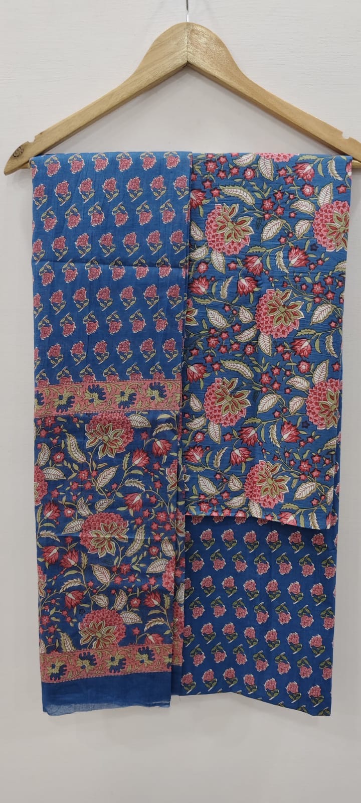 Royal Blue Floral Print Unstitched Cotton Suit with Mulmul Dupatta – Radhya