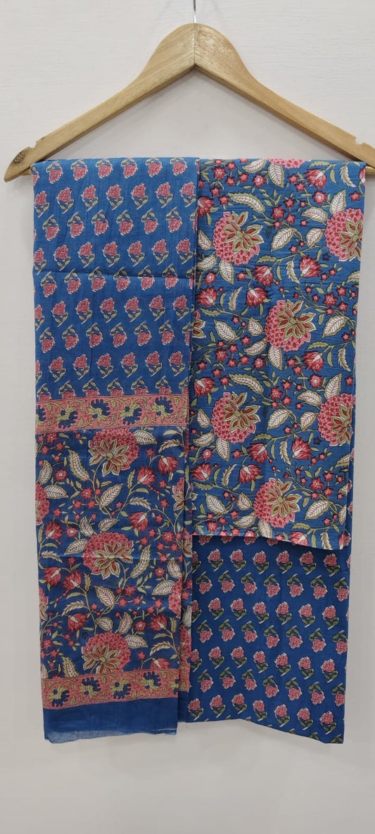 Royal Blue Floral Print Unstitched Cotton Suit with Mulmul Dupatta – Radhya