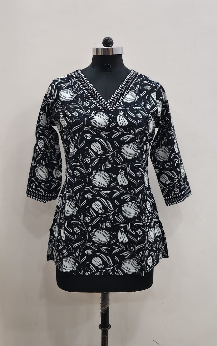 Black Leaf Print Cotton Short Top – Radhya