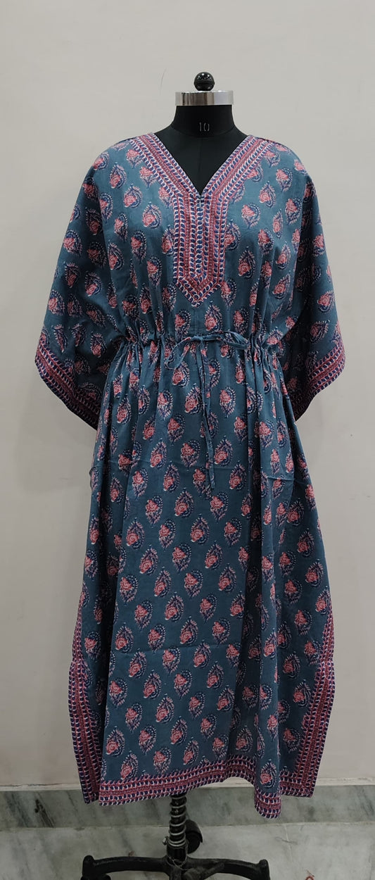 Teal & Rose Hand-Block Print Kaftan