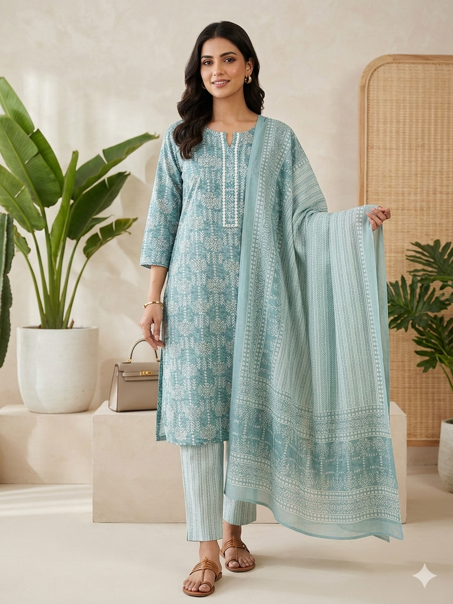 Serene Sage Printed Kurta Set | Plus Size